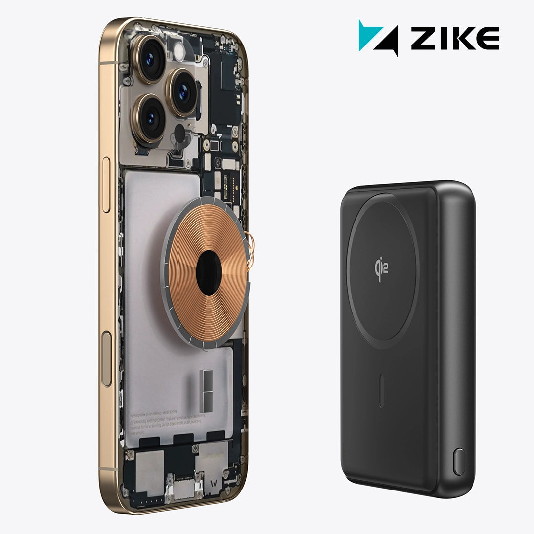 ZIKE showcases the MagSafe charging components, including the magnet and coil arrangement on the iPhone.