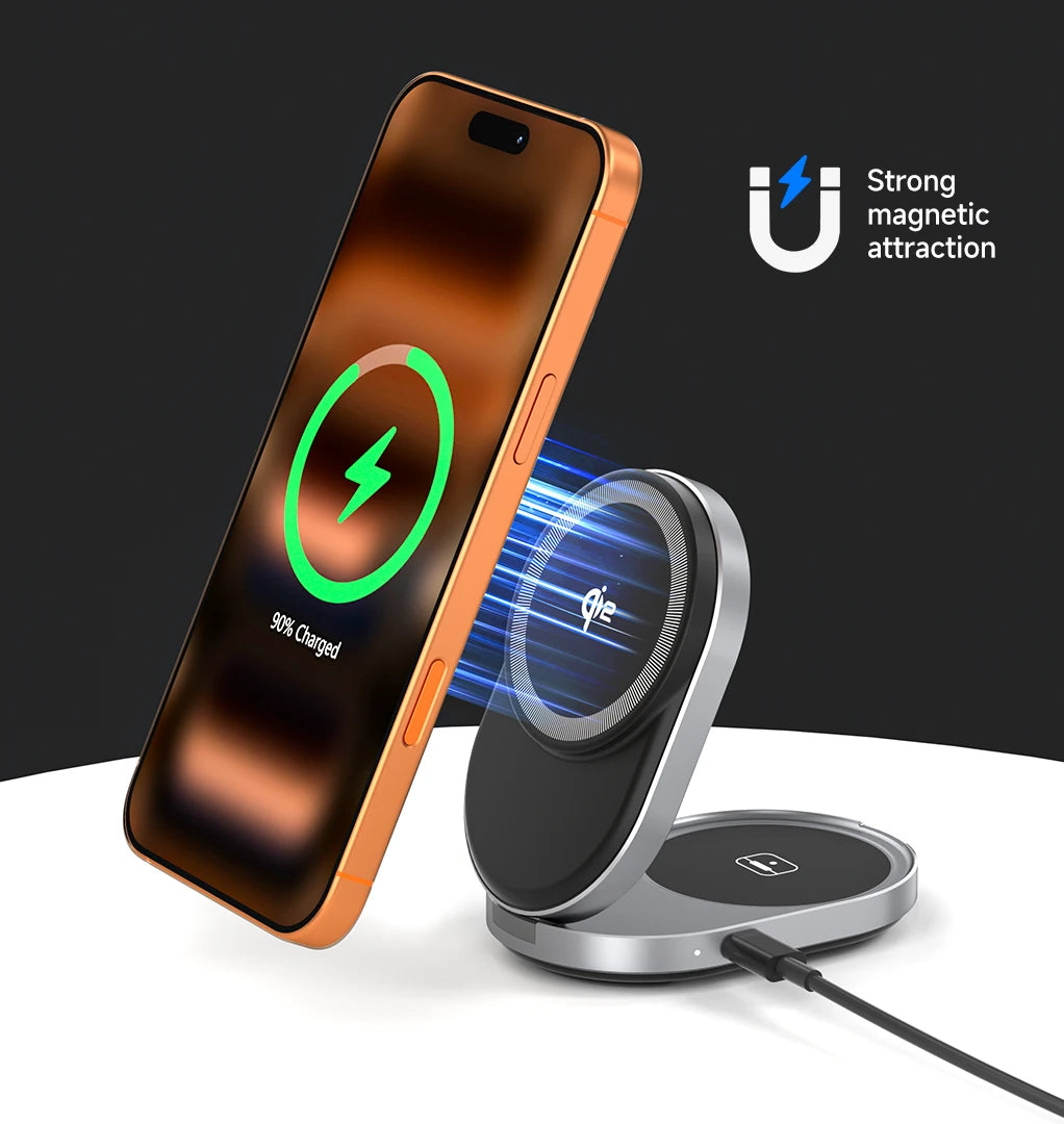 The ZIKE Z855 3-in-1 Qi2 Magnetic Foldable Wireless Charger has built in strong magnets that automatically and perfectly attach your iPhone 17
