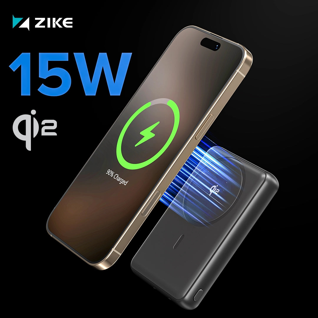 The ZIKE solid-state power bank is magnetically compatible with the iPhone 16. The picture shows the magnetic and Qi2 15W charging functions.