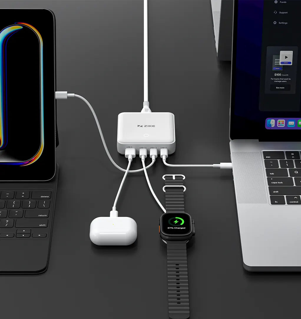 ZIKE 100W 4 Port GaN Desktop Charger Charges Four Devices Simultaneously