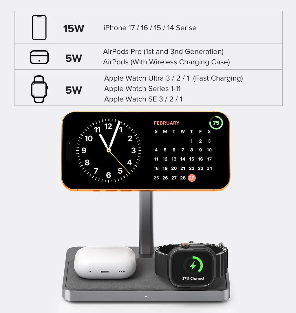 ZIKE 3-in-1 MFi Qi2 Magnetic Wireless Charging Stand Z557C supports charging multiple devices simultaneously
