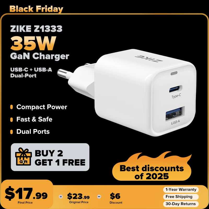 ZIKE 35W GaN USB C + USB A Dual-Port-Wandladegerät Z1333