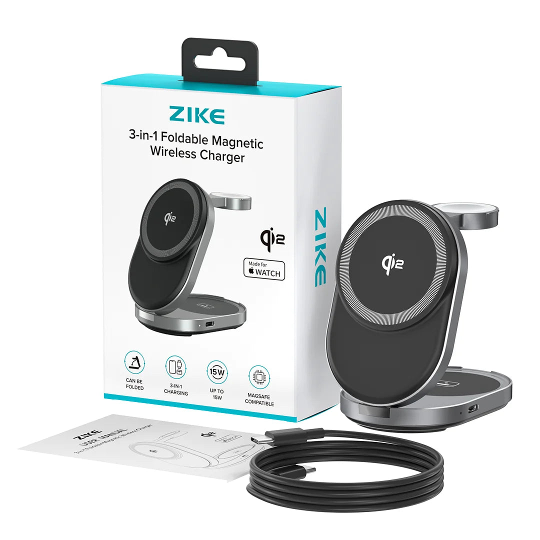 ZIKE Z855 3‑in‑1 Qi2 Magnetic Foldable Wireless Charger – 15W Fast Charging for iPhone & More
