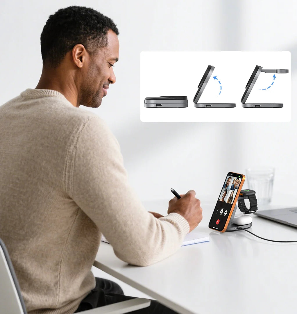 ZIKE Z855 3‑in‑1 Qi2 Magnetic Foldable Wireless Charger features an adjustable viewing angle and ergonomic design