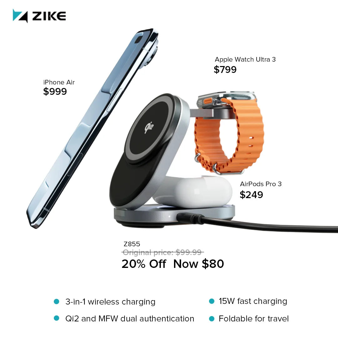 ZIKE's Z855 3-in-1 Foldable Magnetic Wireless Charger for iPhone Air.