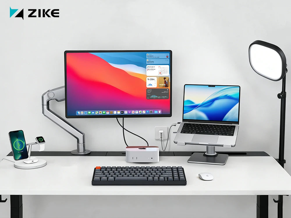 Apple users work or create in an organized workspace with a typical Apple aesthetic.