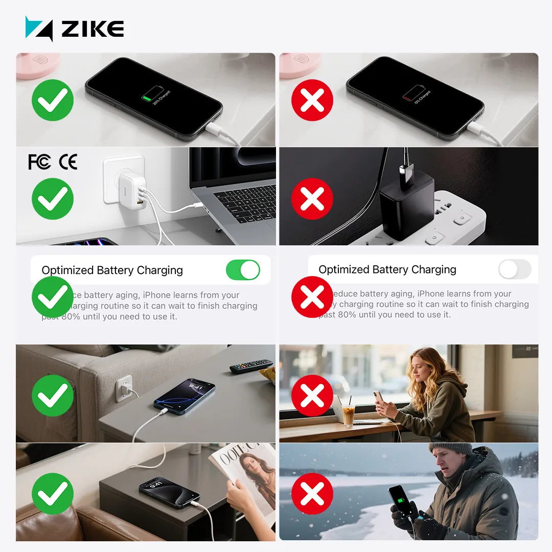 It includes the top 5 common iPhone charging errors listed by ZIKE and provides correct charging tips.