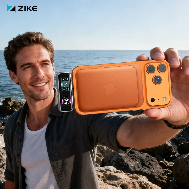 MagSafe wallet case connected to the ZIKE Z791C on an iPhone 17 for filming