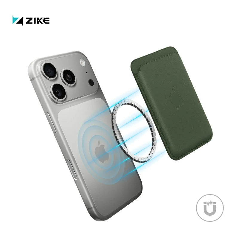 The MagSafe wallet attaches to the back of the iPhone 17 through magnetic attraction