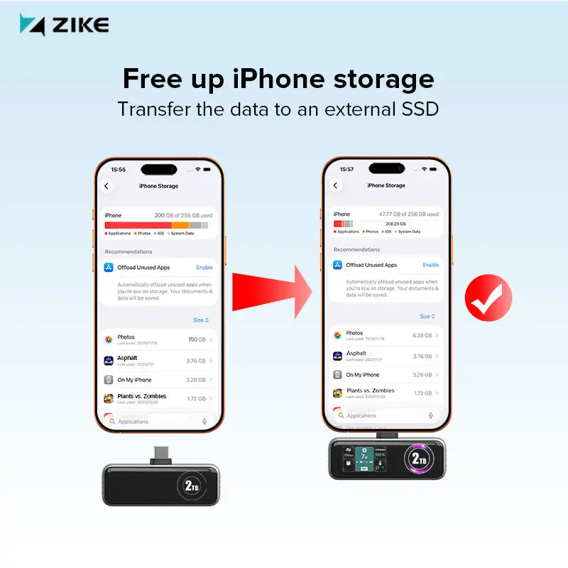 The Z791C was connected to an iPhone 17 demonstrating the storage offloading function