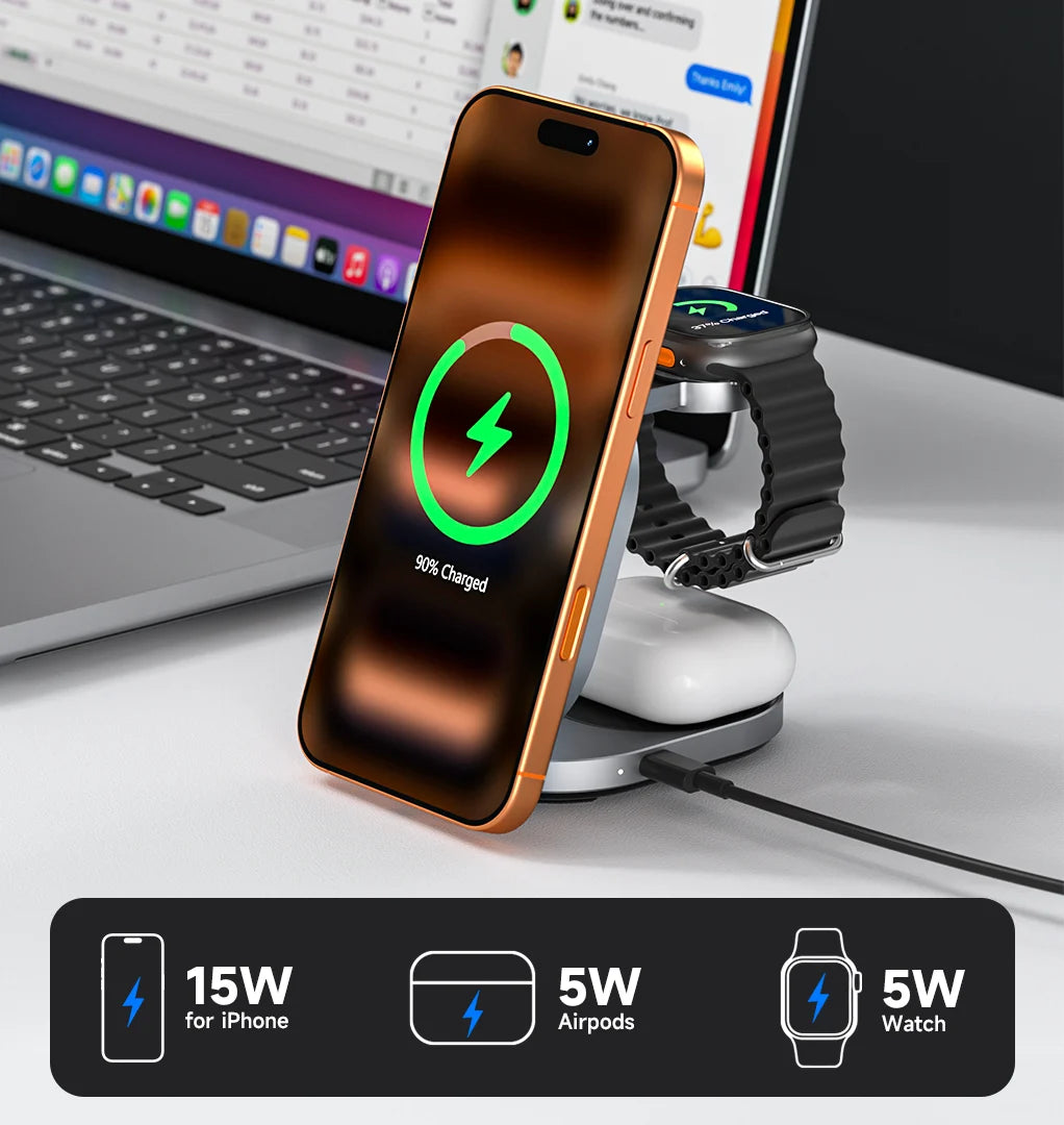 The ZIKE Z855 3-in-1 Qi2 Magnetic Foldable Wireless Charger can charge your iPhone 17 Apple Watch and AirPod simultaneously