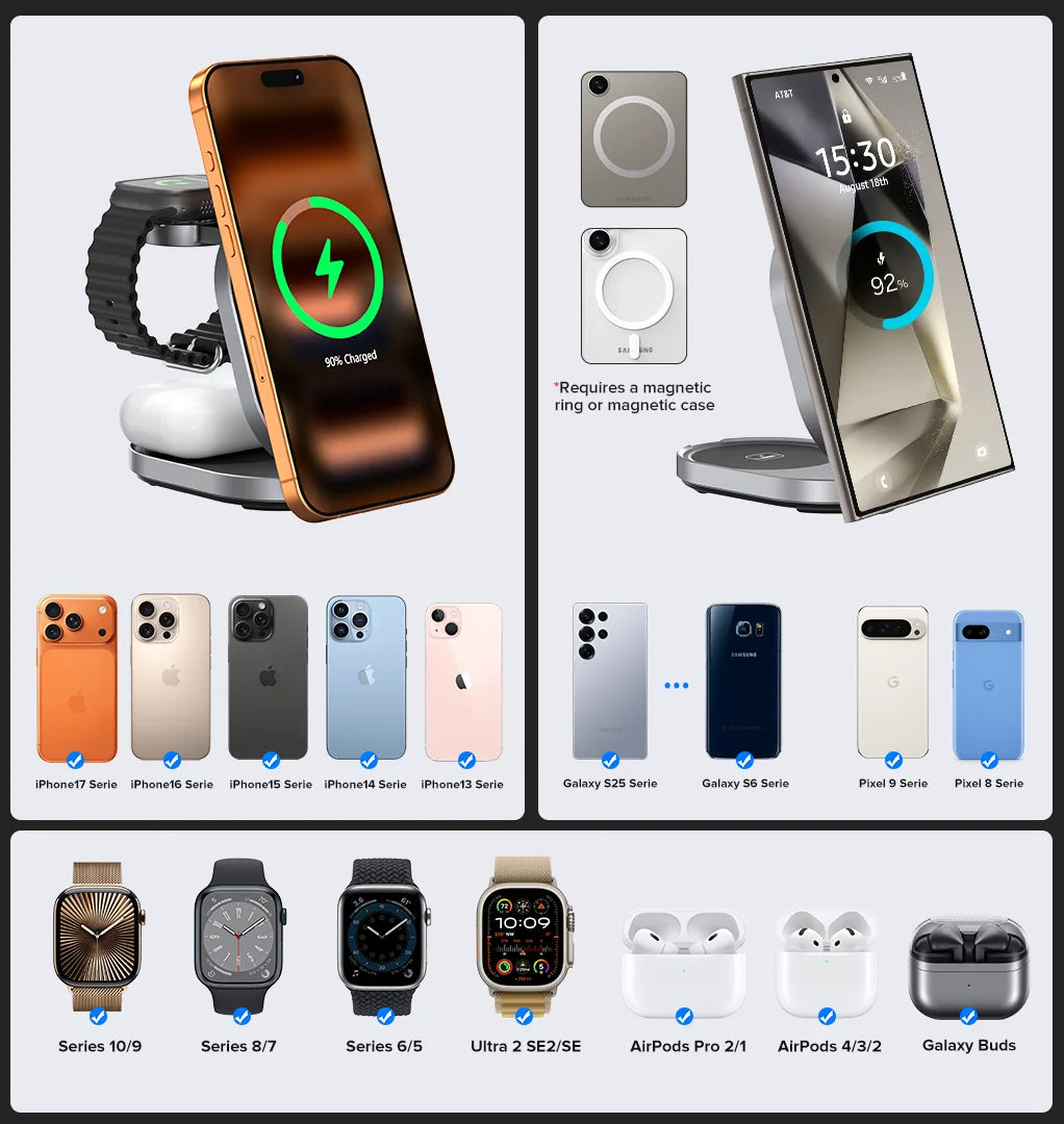 The ZIKE Z855 3-in-1 Qi2 Magnetic Foldable Wireless Charger is also compatible with magnetic Android phones