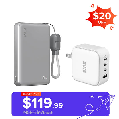 （Bundle Pack）ZIKE Z1052 Solid-State Qi2 15W Power Bank 10000mAh+100W GaN  4 Ports Charger
