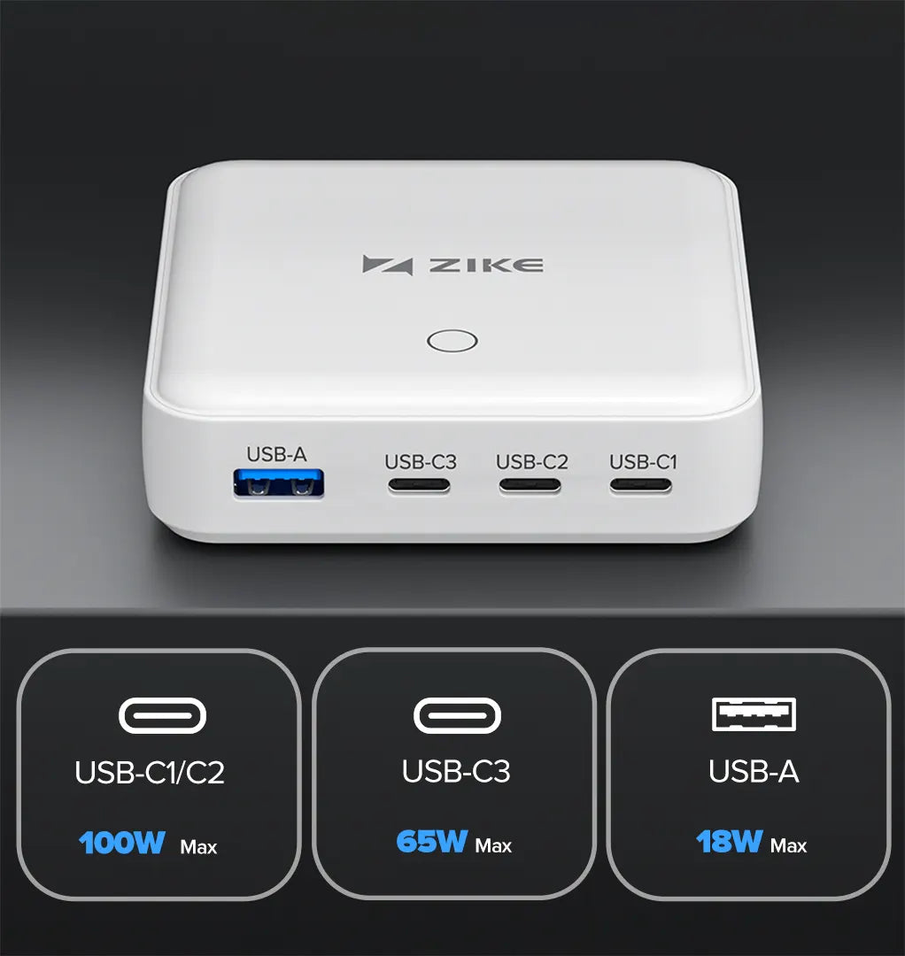 ZIKE 100W 4 Port GaN Desktop Charger supports up to 100W high power charging