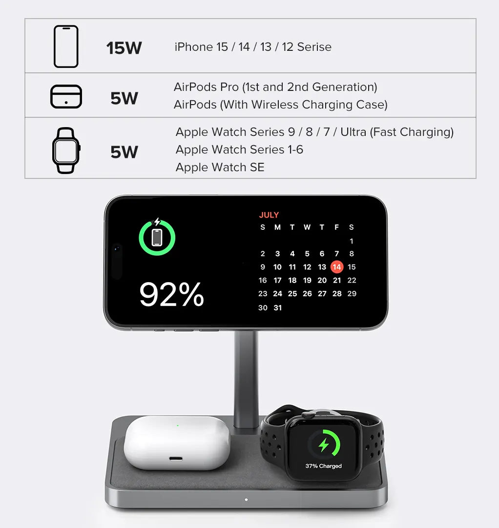 ZIKE 3-in-1 MFi & QI2 Magnetic Wireless Charging Stand Z557C supports charging multiple devices simultaneously