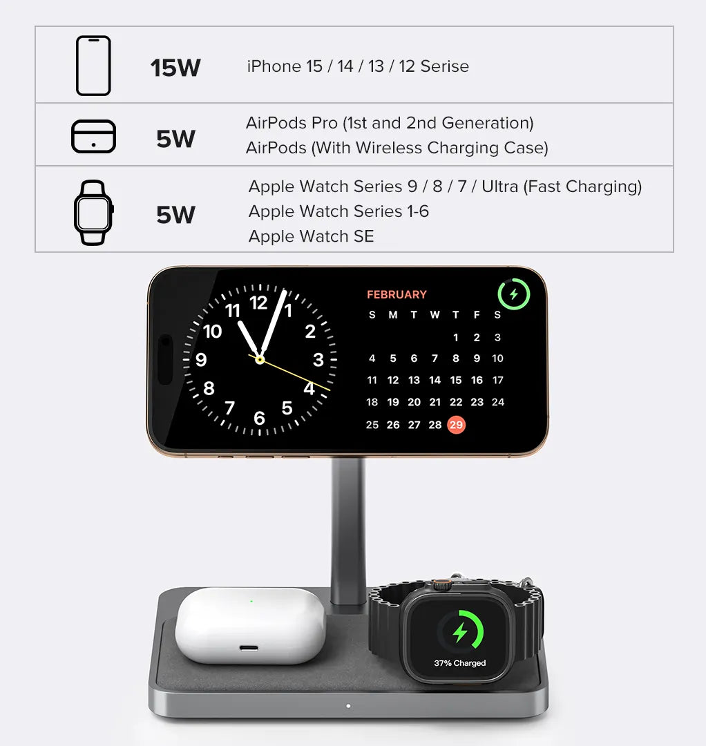 ZIKE 3-in-1 MFi QI2 Magnetic Wireless Charging Stand Z557C supports charging multiple devices simultaneously