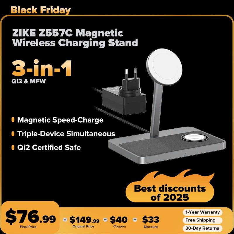ZIKE Z557C 3-in-1 Qi2 & MFW Magnetic Wireless Charging Stand