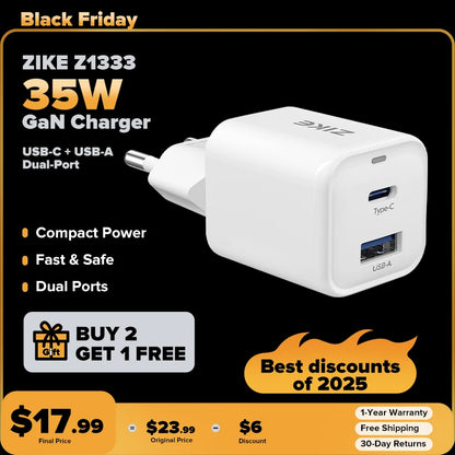 ZIKE 35W GaN USB C + USB A Dual-Port-Wandladegerät Z1333 