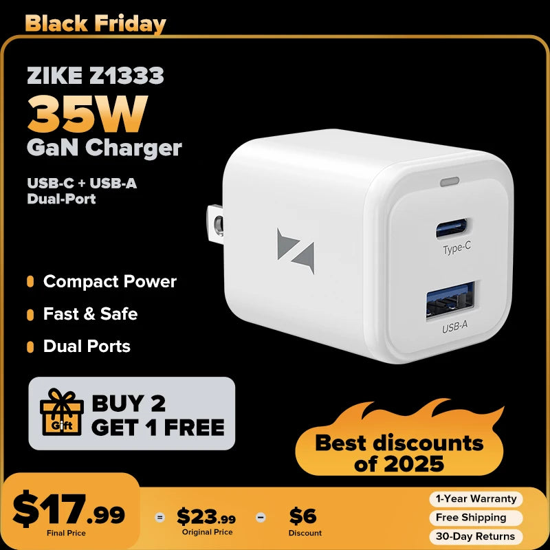 ZIKE 35W GaN USB C + USB A Dual-Port-Wandladegerät Z1333 