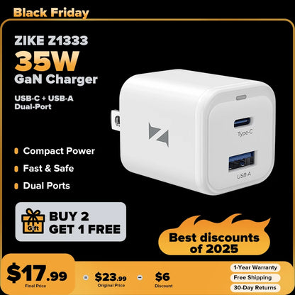 ZIKE 35W GaN USB C + USB A Dual-Port-Wandladegerät Z1333 
