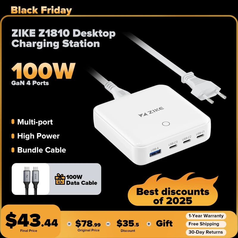 ZIKE Z1810 100W GaN 4 Ports Desktop Charging Station
