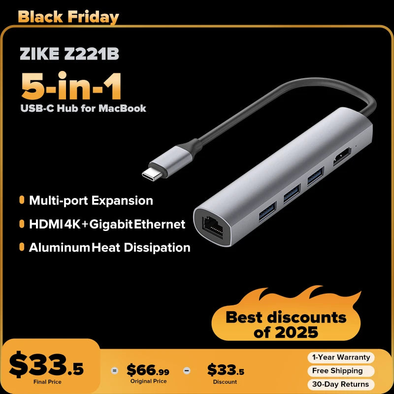 ZIKE Z221B 5-in-1 USB-C Hub for MacBook
