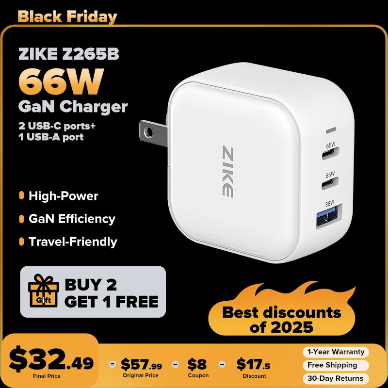 ZIKE 66W GaN USB C - 3 Ports Wandladegerät Z265B 