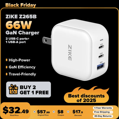 ZIKE 66W GaN USB C - 3 Ports Wandladegerät Z265B 
