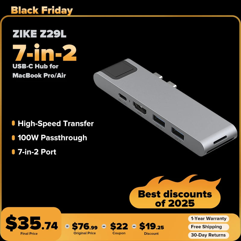 ZIKE Z29L Tube Pro 7-in-2 USB-C Hub for MacBook Pro/Air