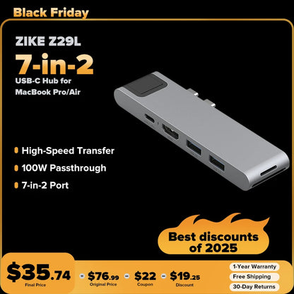 ZIKE Z29L Tube Pro 7-in-2 USB-C Hub for MacBook Pro/Air