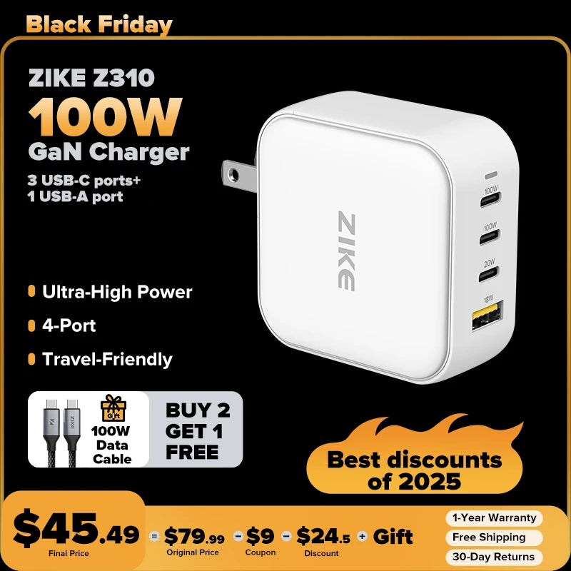 ZIKE Z310 100W GaN USB-C 4 Ports Wall Phone Charger