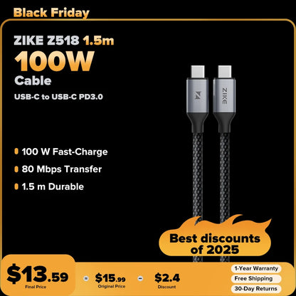 ZIKE USB C auf USB C 1,5 m 100 W PD3.0 Kabel Z518