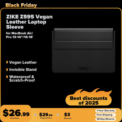 ZIKE Z595 Vegan Leather Laptop Sleeve for MacBook Air/Pro 13-14''/15-16'' with Invisible Stand