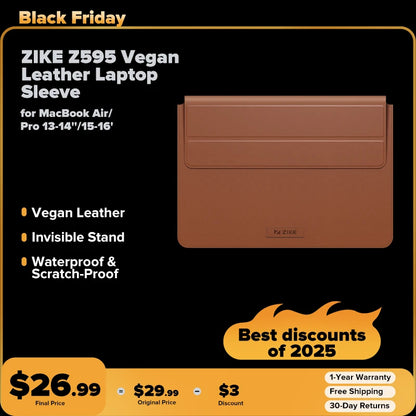 ZIKE Z595 Vegan Leather Laptop Sleeve for MacBook Air/Pro 13-14''/15-16'' with Invisible Stand