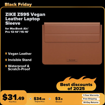 ZIKE Z595 Vegan Leather Laptop Sleeve for MacBook Air/Pro 13-14''/15-16'' with Invisible Stand