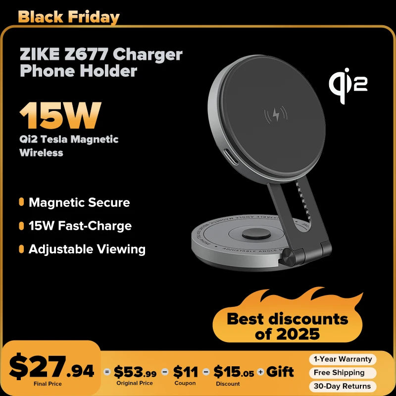 ZIKE Z677 15W Qi2 Tesla Magnetic Wireless Charger Phone Holder