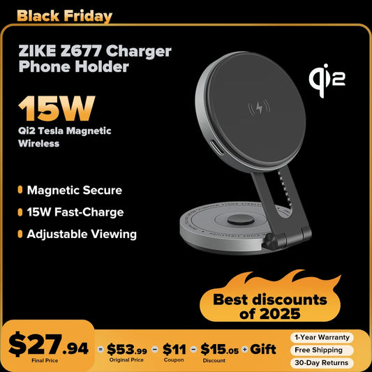 ZIKE Z677 15W Qi2 Tesla Magnetic Wireless Charger Phone Holder