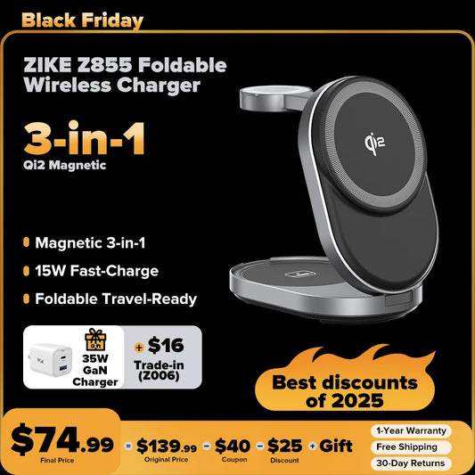 ZIKE Z855 3‑in‑1 Qi2 Magnetic Foldable Wireless Charger – 15W Fast Charging for iPhone & More