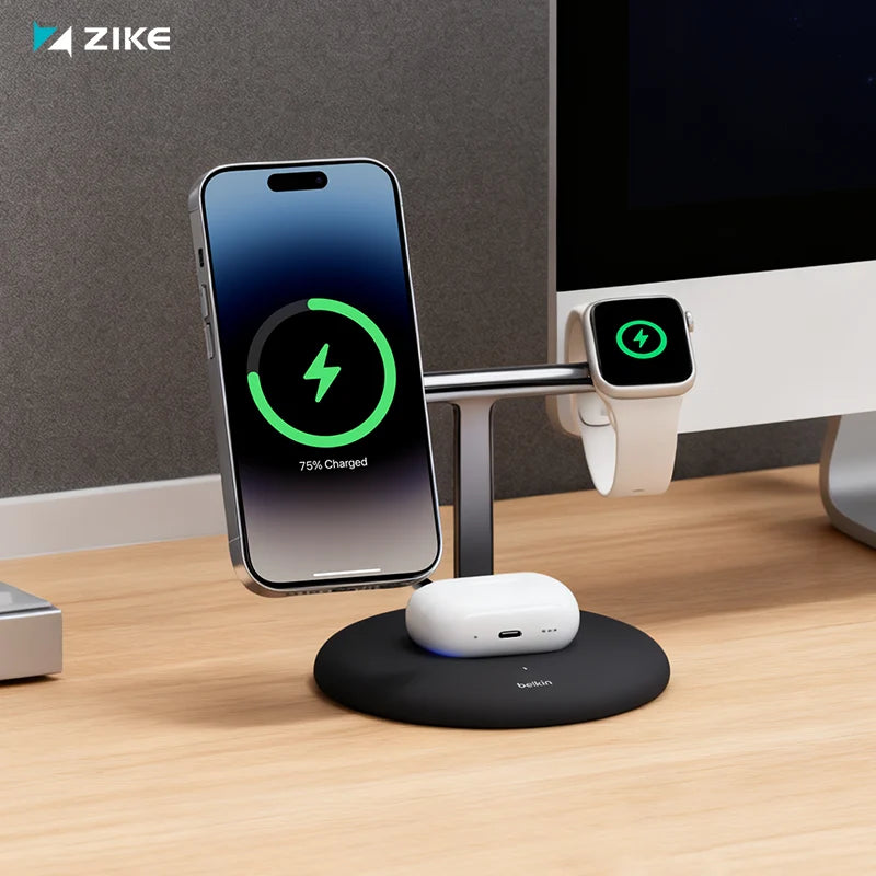 The Belkin BoostCharge Pro 3-in-1 charging stand is currently in use.