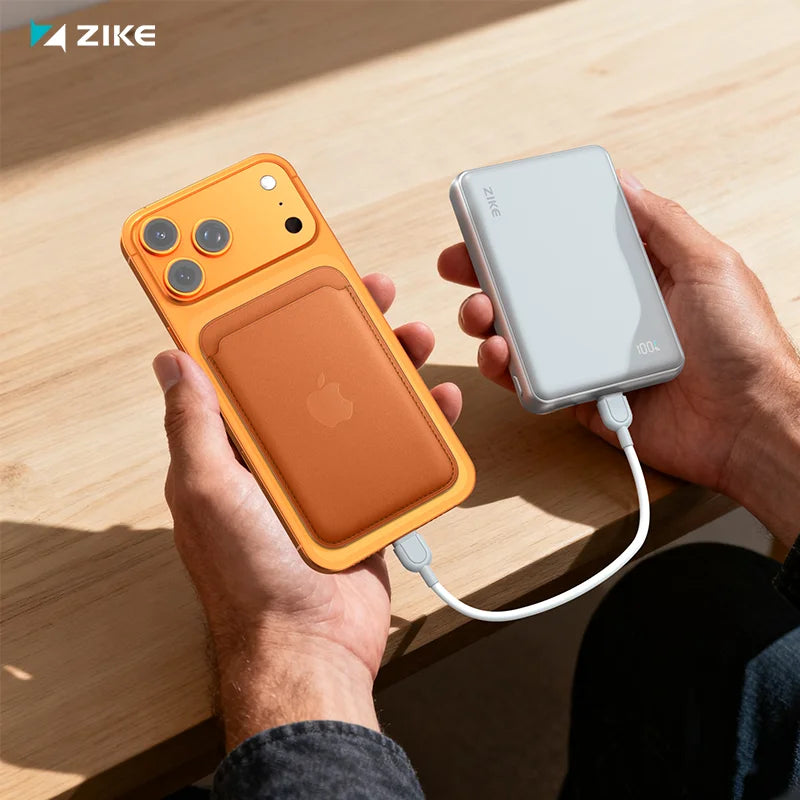 iPhone 17 Pro Max with Apple FineWoven MagSafe Wallet connected to ZIKE Z1052A for charging