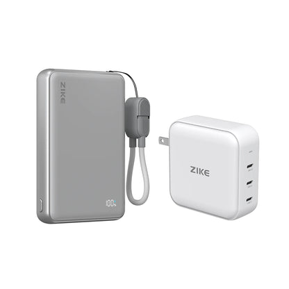 (Lot groupé) Batterie externe ZIKE Z1052 Qi2 15W à semi-conducteurs 10000 mAh + Chargeur GaN 140W 3 ports
